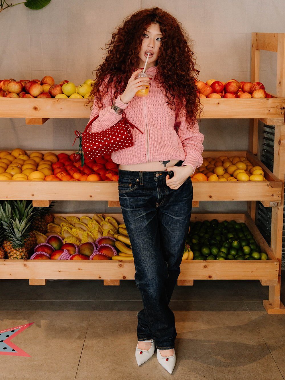 Hazel Bow Polka-Dot Top Handle Bag in equestrian red and Sonali strawberry bow slingback pumps in white - CHARLES & KEITH