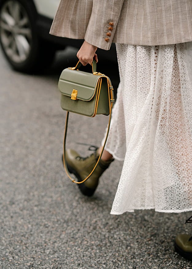 Women’s lace-up combat boots and textured hammered buckle bag in sage green – CHARLES & KEITH