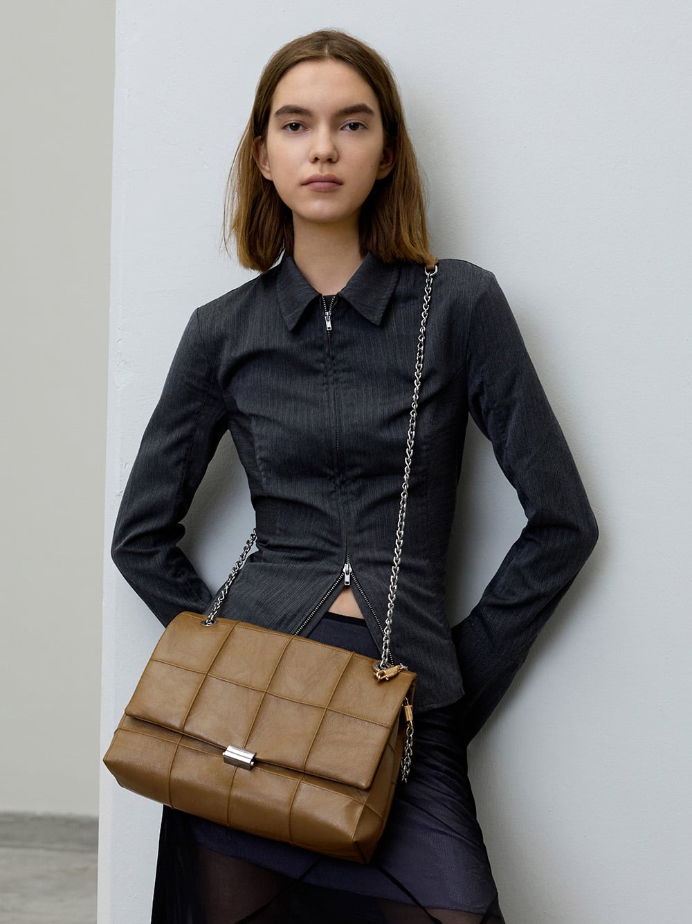 Large Delfina quilted chain-strap shoulder bag in walnut brown - CHARLES & KEITH