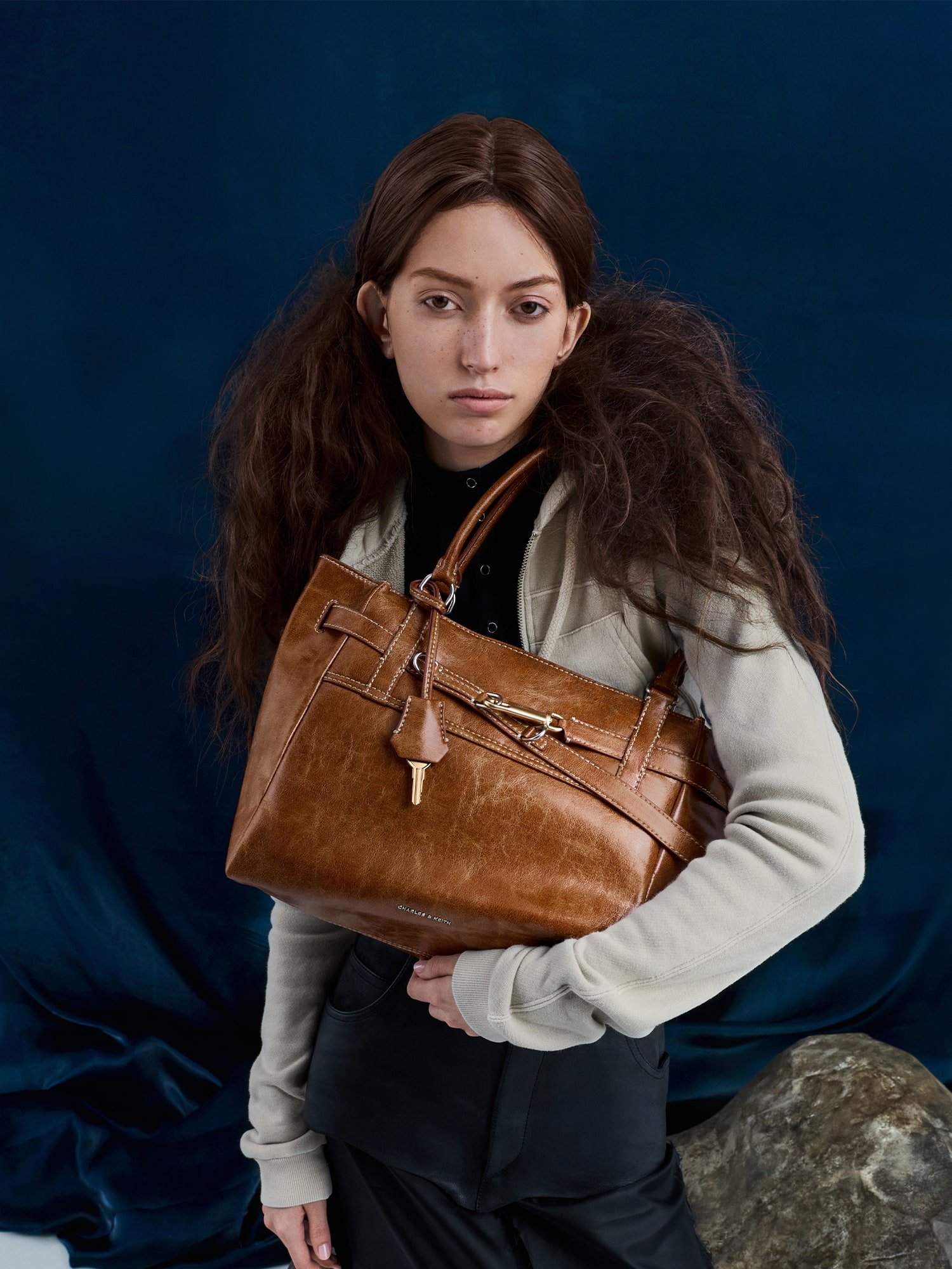 Distressed Tan Delfina Belted Tote Bag - CHARLES & KEITH