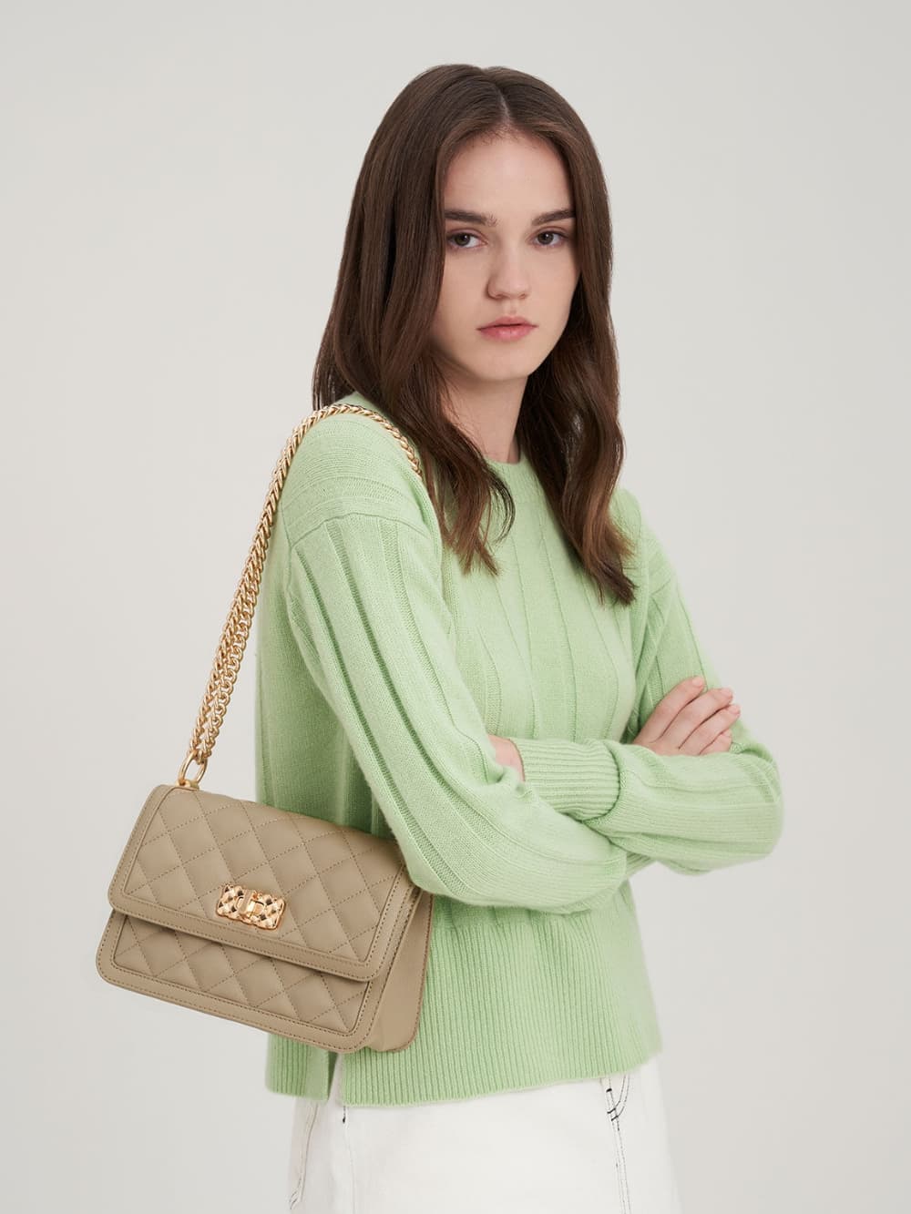 Women's sand Micaela quilted chain bag - CHARLES & KEITH