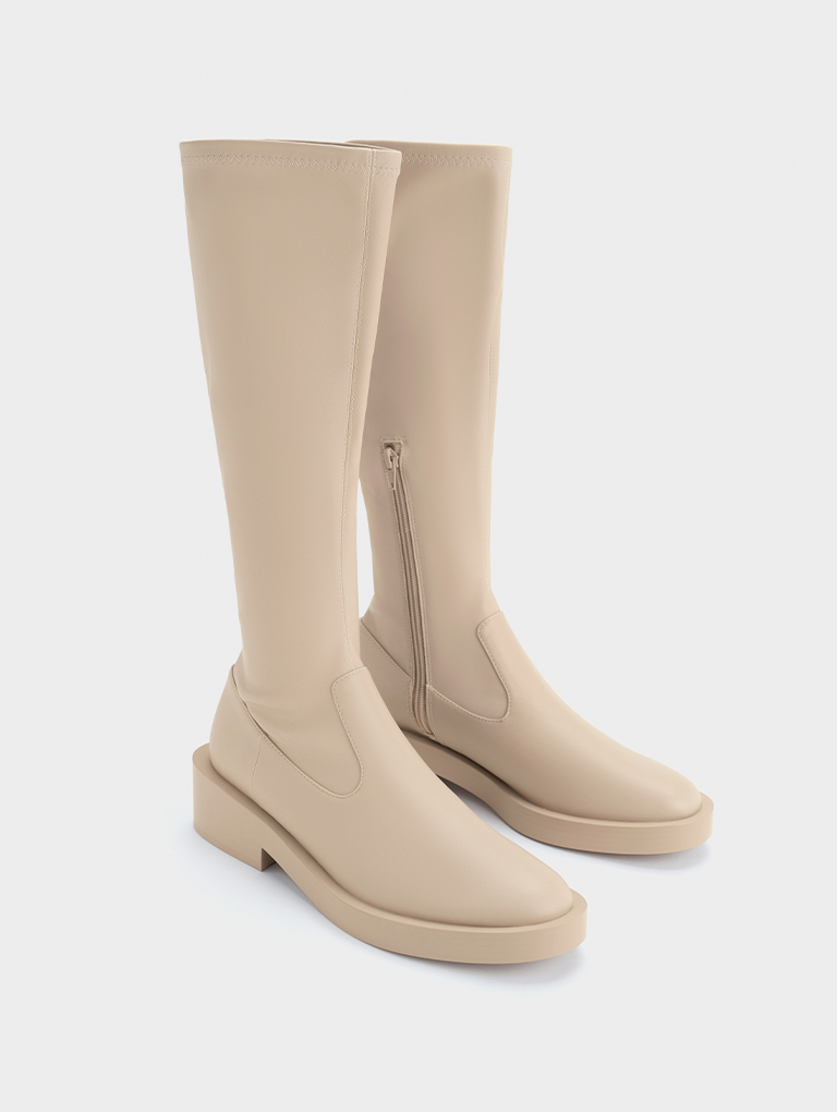 Women's side zip knee-high boots in beige - CHARLES & KEITH