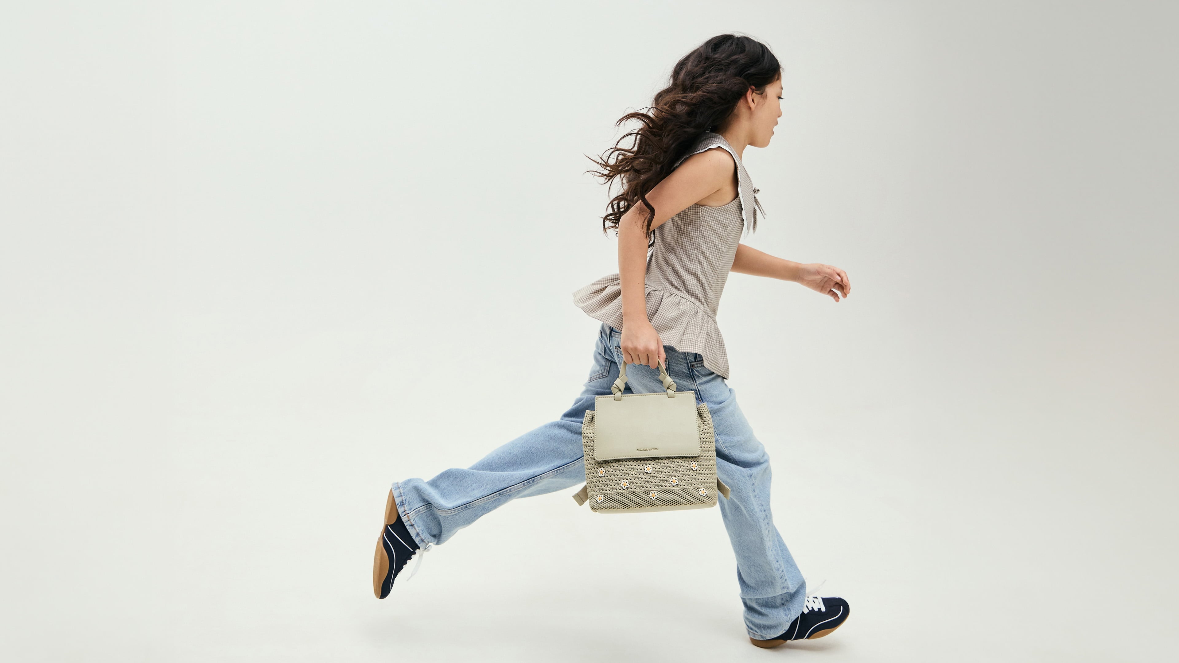 Girls’ Ida flower knitted backpack in pale olive  - CHARLES & KEITH