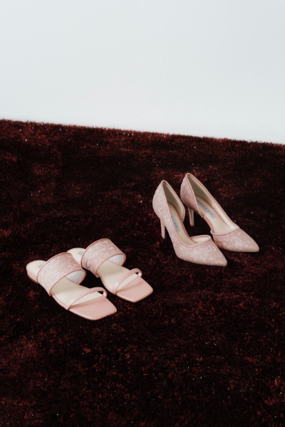 Women’s Lace & Mesh Slide Sandals and Lace & Mesh Half D'Orsay Stiletto Pumps, both in pink - CHARLES & KEITH