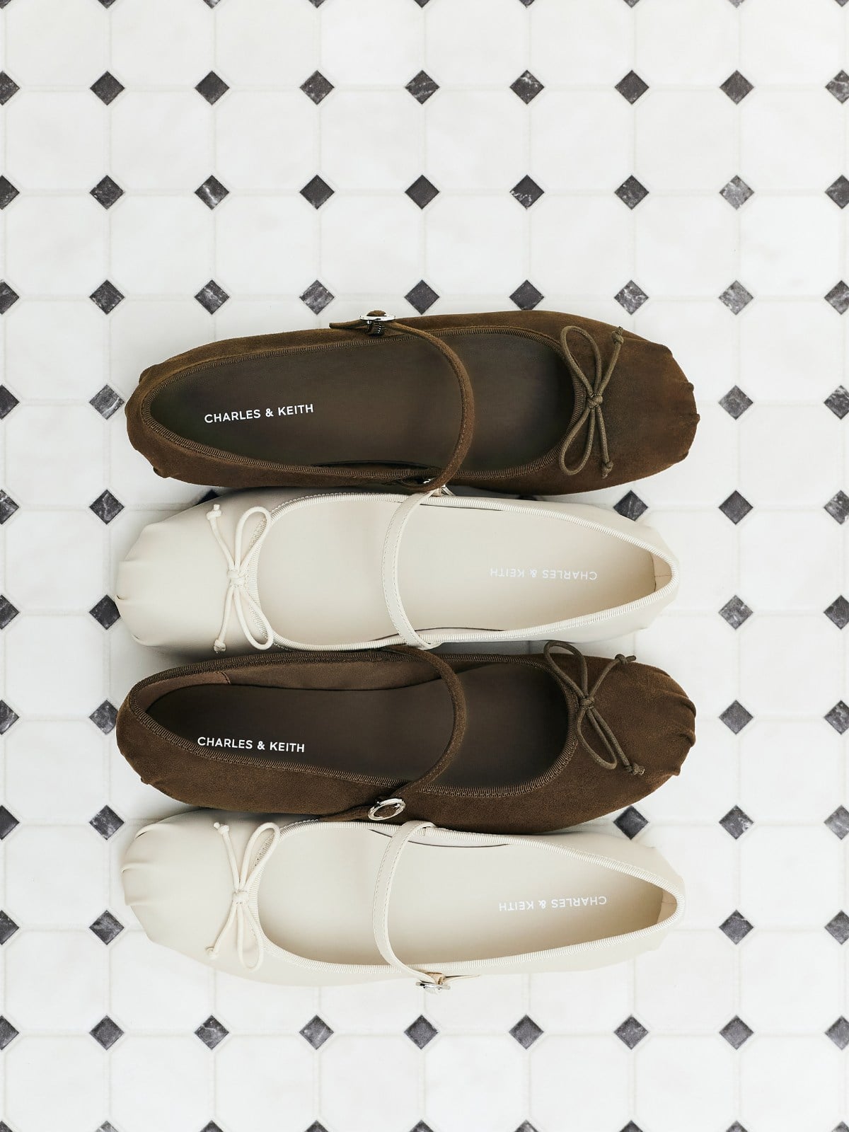 Dark Brown Textured Emiko Bow Mary Jane Flats - CHARLES & KEITH