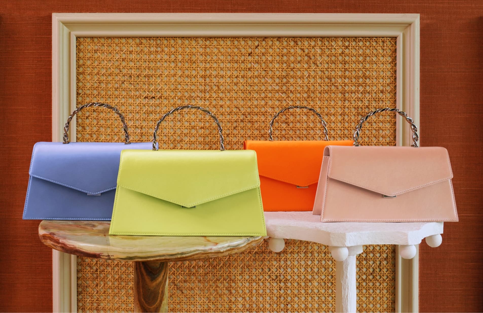 Metallic Top Handle Satin Envelope Bag in blue, lime, orange and blush - CHARLES & KEITH