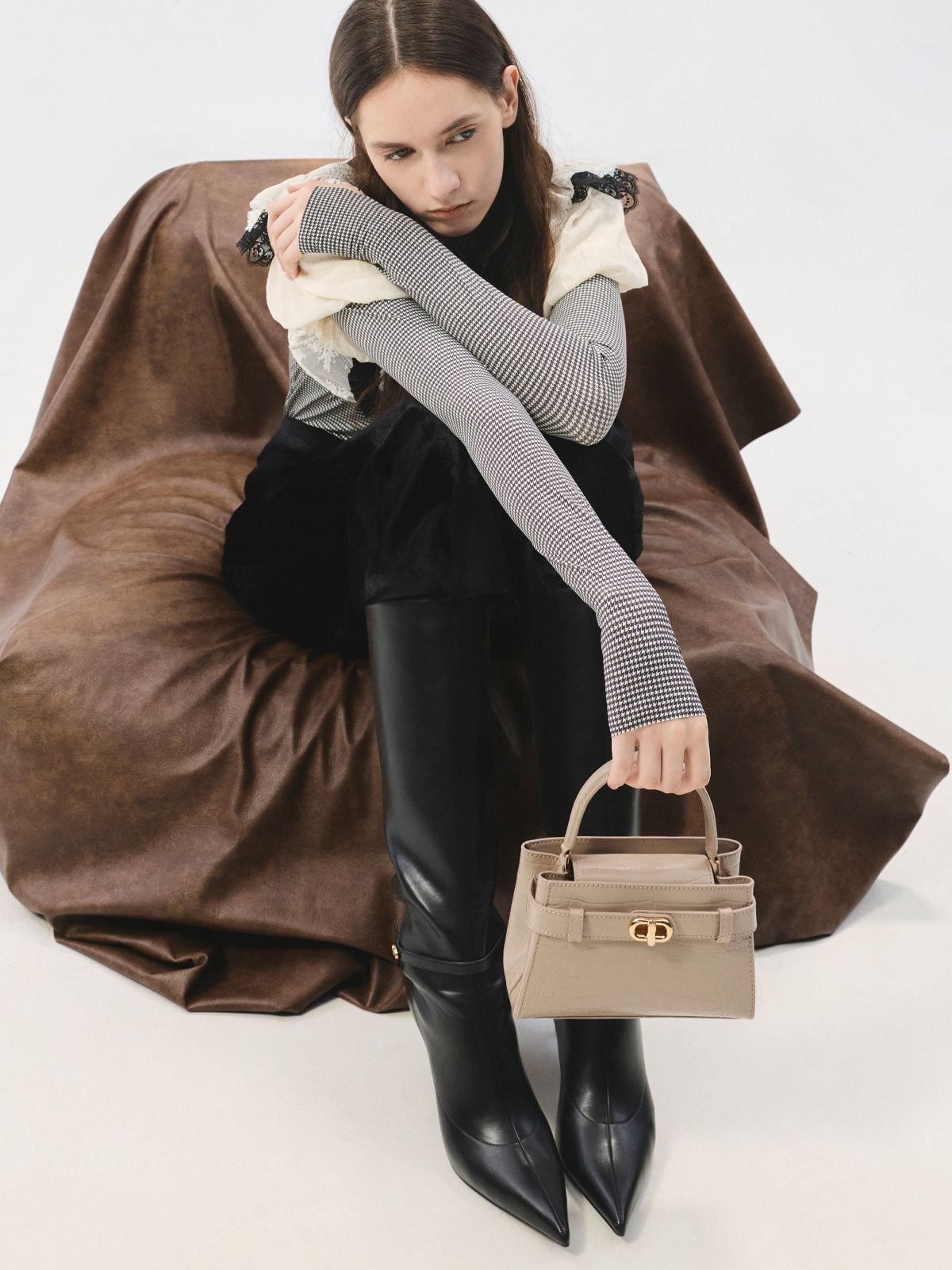 Taupe Aubrielle Croc-Effect Belted Top Handle Bag -  CHARLES & KEITH