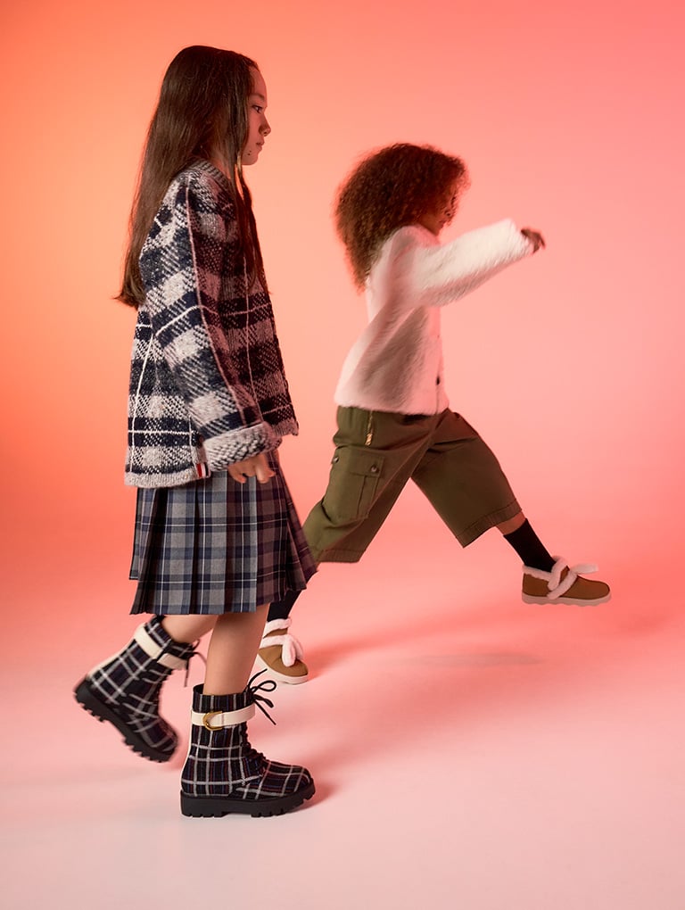 Girls' Fur-Trim Boots in camel and Gabine Check-Print Lace-Up Ankle Boots in textured black  - CHARLES & KEITH