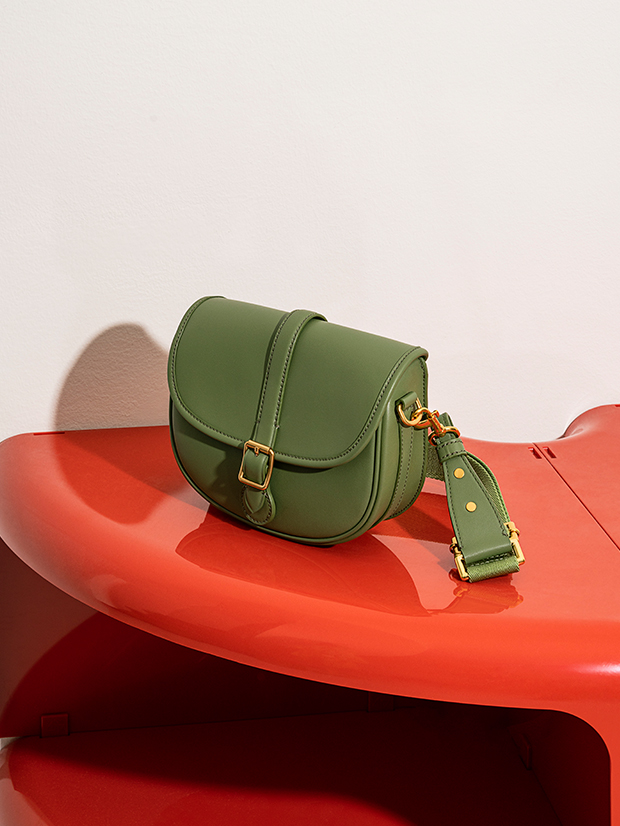 Women’s Flora belted saddle bag in dark green - CHARLES & KEITH