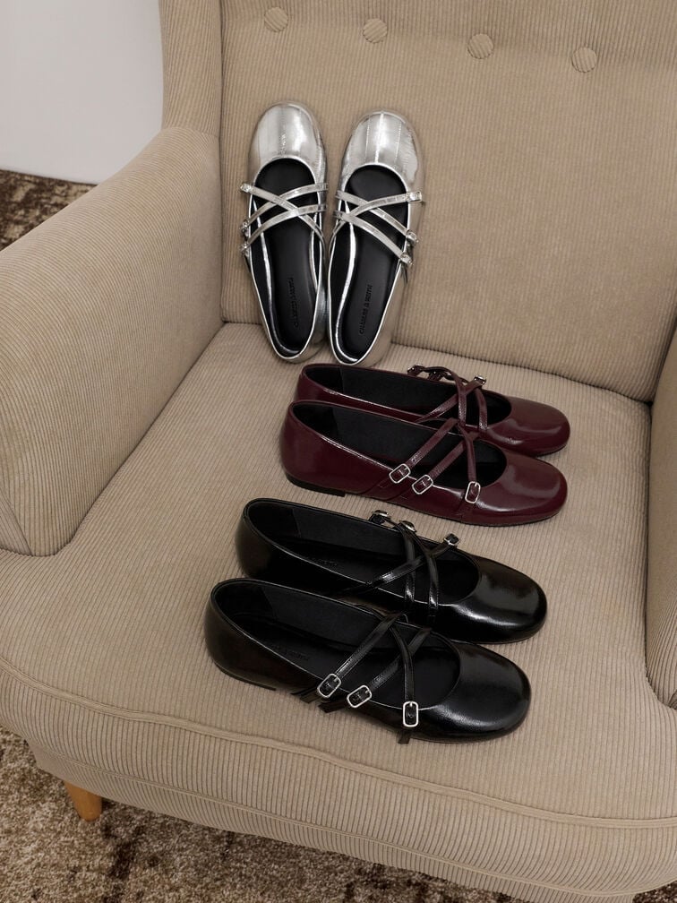 Mary Jane flats with triple crossover straps, a stylish choice for standing out.