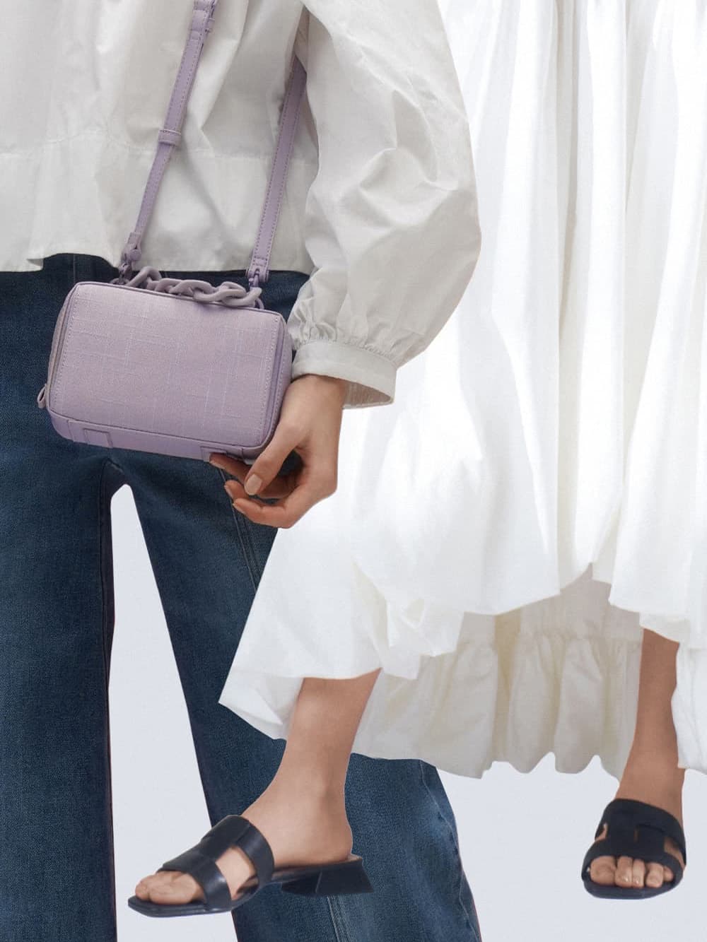 Women's lilac linen chain link boxy bag and black leather cut out mules -CHARLES & KEITH