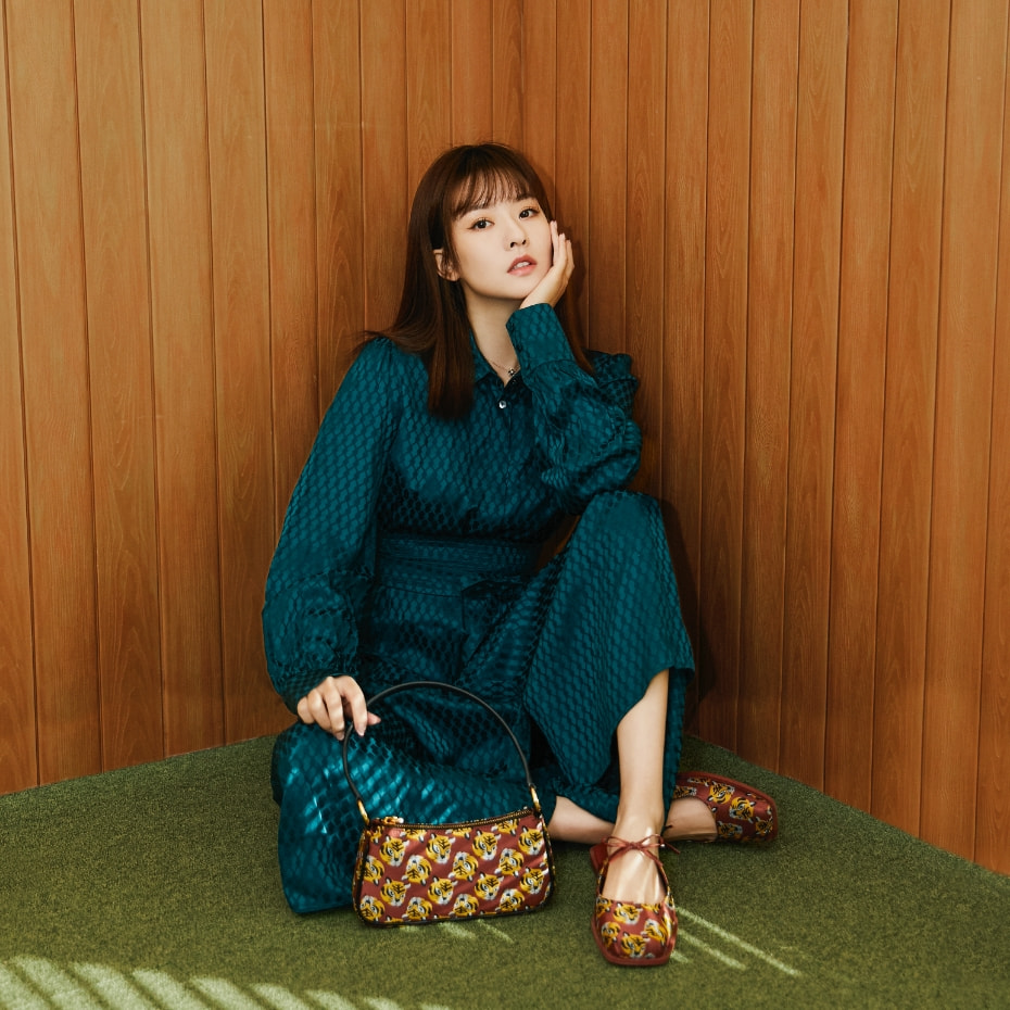 Tiger Print Jacquard Shoulder Bag and Dionne Tiger-Print Jacquard Flat Mules, both in red - CHARLES & KEITH