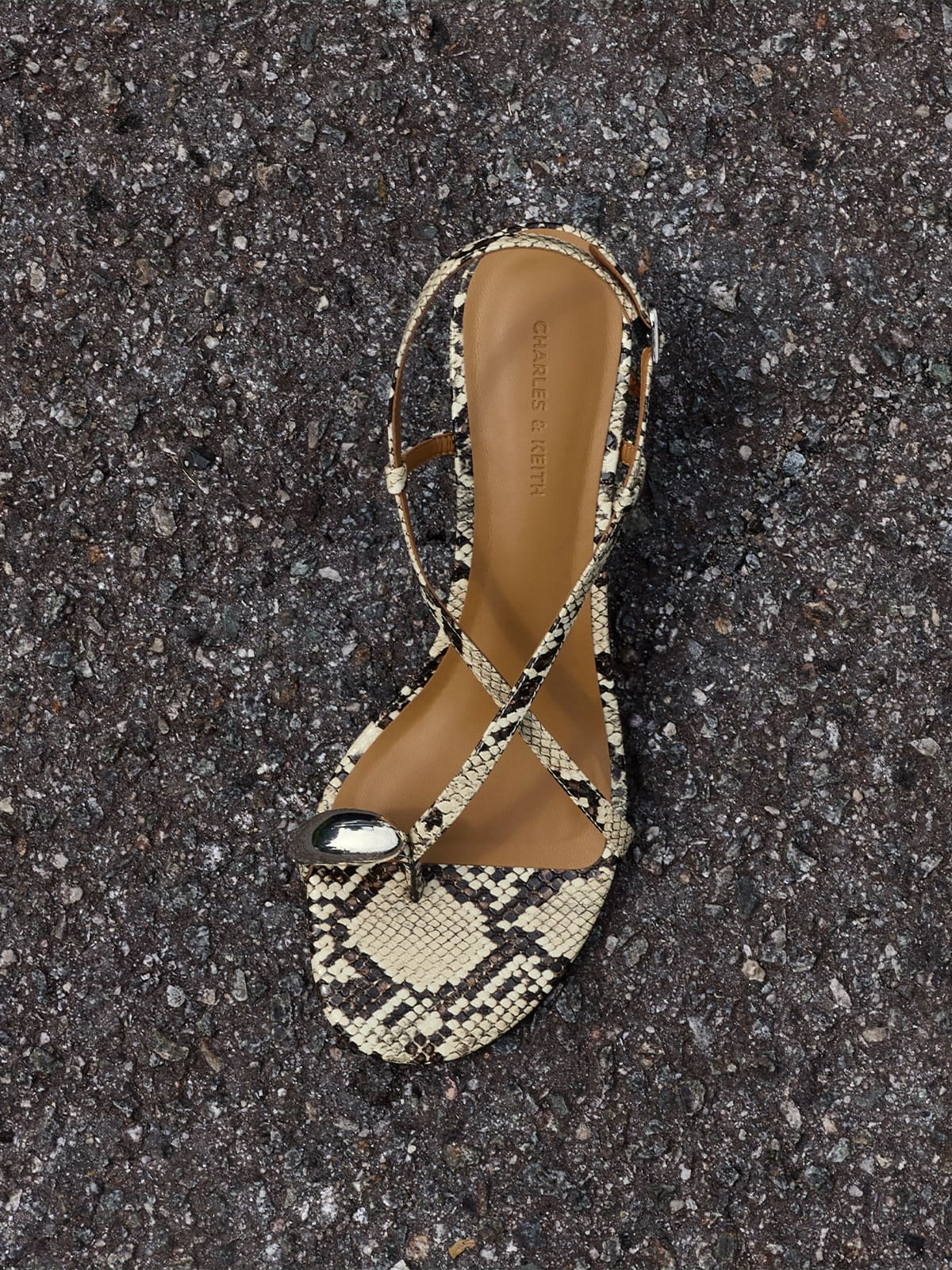 Animal Print Natural Raina Snake-Print Toe-Ring Heeled Sandals - CHARLES & KEITH