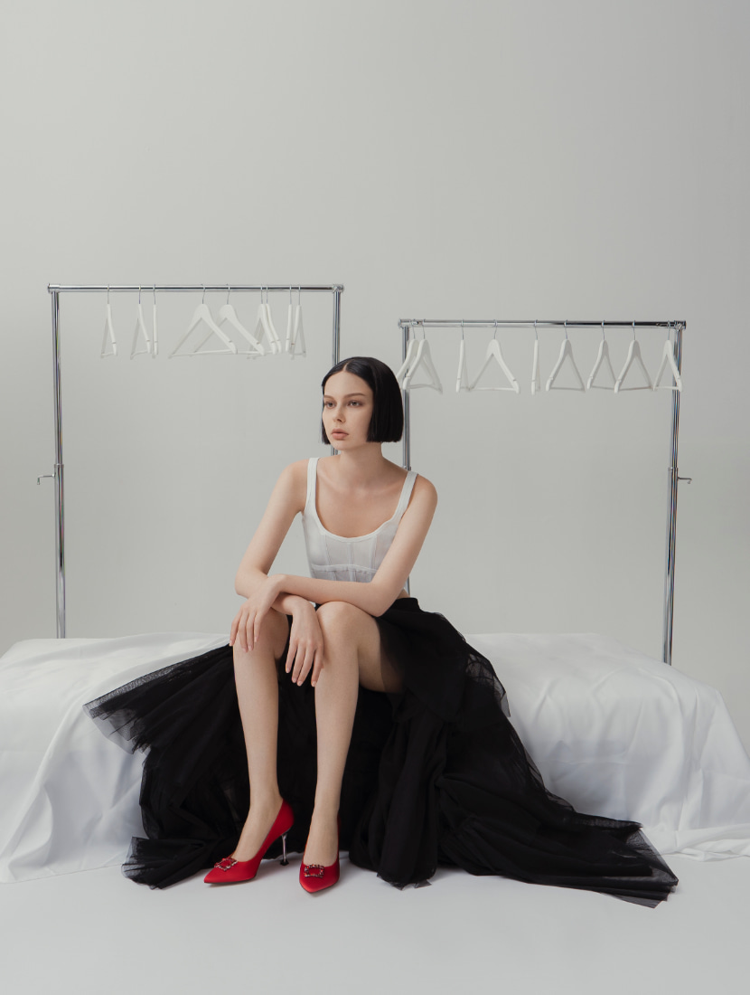 Women’s satin gem-embellished pumps in red (sitting) - CHARLES & KEITH