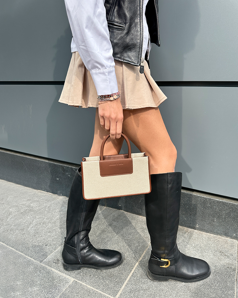 Women’s Mini Astra Canvas Tote Bag in chocolate, Gabine Leather Knee-High Boots in black - CHARLES & KEITH