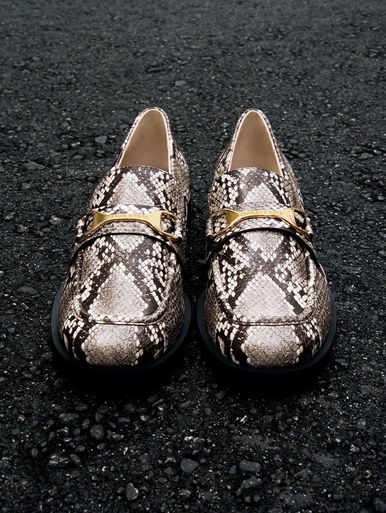 Women’s snake-print metallic-accent loafers in animal print natural - CHARLES & KEITH