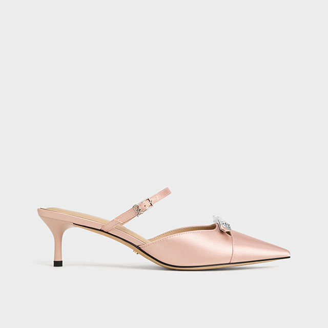 Women’s recycled polyester bow kitten-heel mules in pink  - CHARLES & KEITH