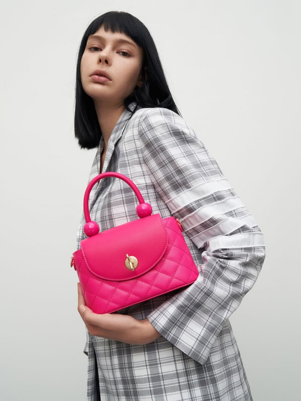 Women's fuchsia round quilted top handle bag - CHARLES & KEITH