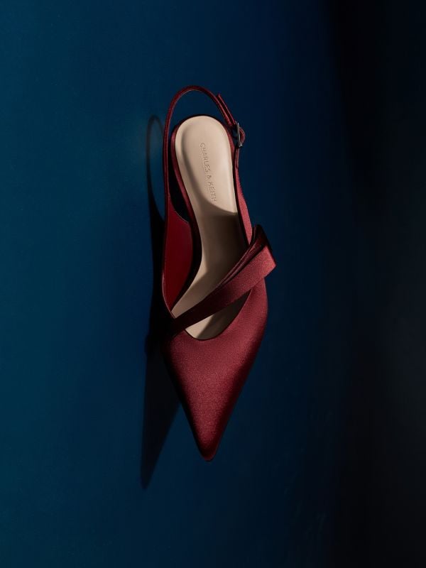 Red Satin Pleated-Strap Slingback Pumps  - CHARLES & KEITH