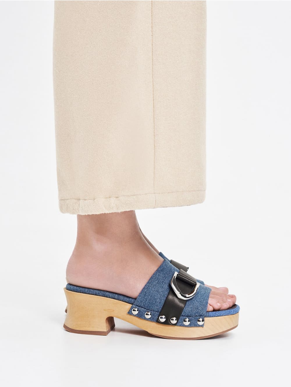 Women's blue Gabine studded denim & leather clogs - CHARLES & KEITH