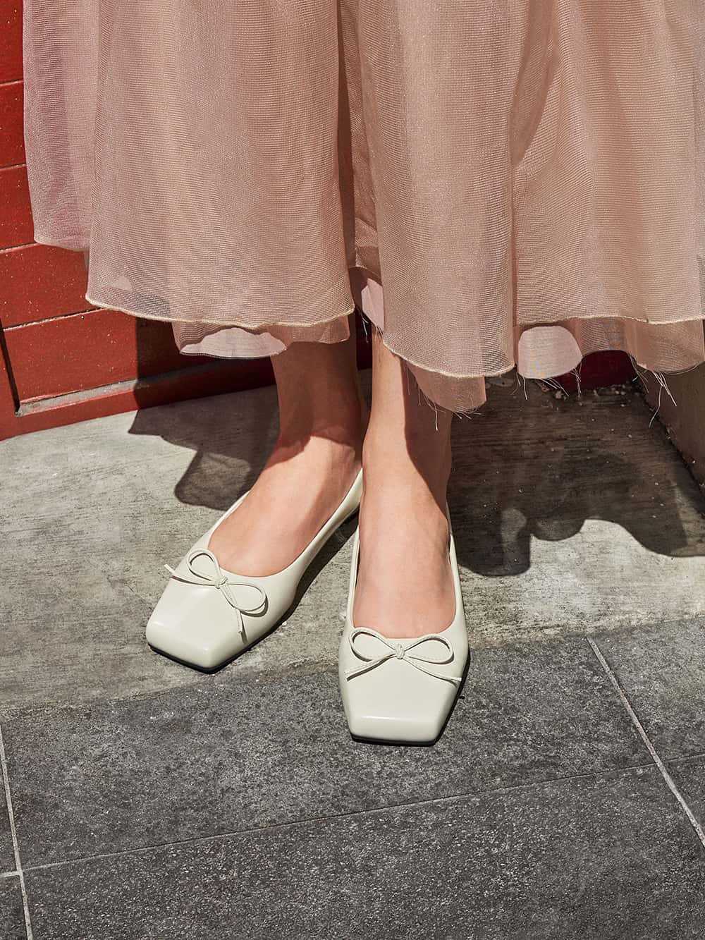 Women’s Chalk Square-Toe Bow Ballet Flats - CHARLES & KEITH