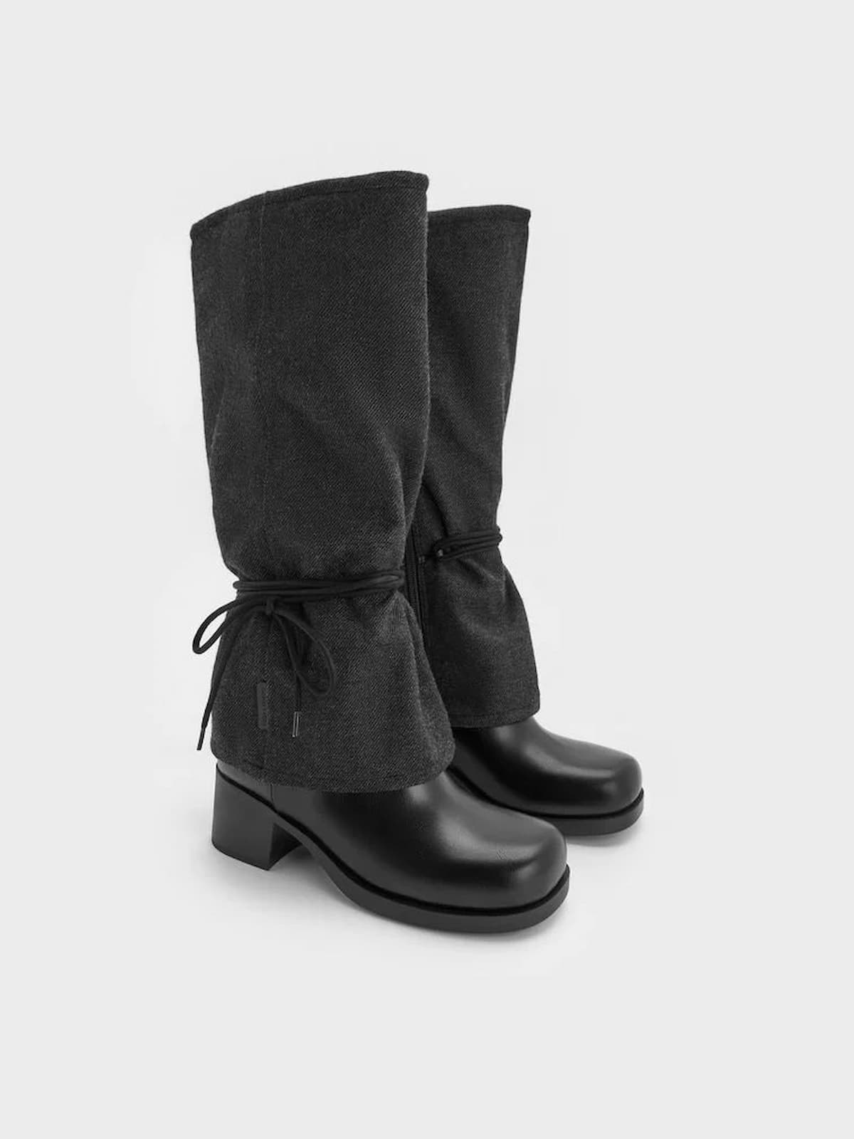 Dark Grey Felt Tie-Around Knee-High Boots - CHARLES & KEITH
