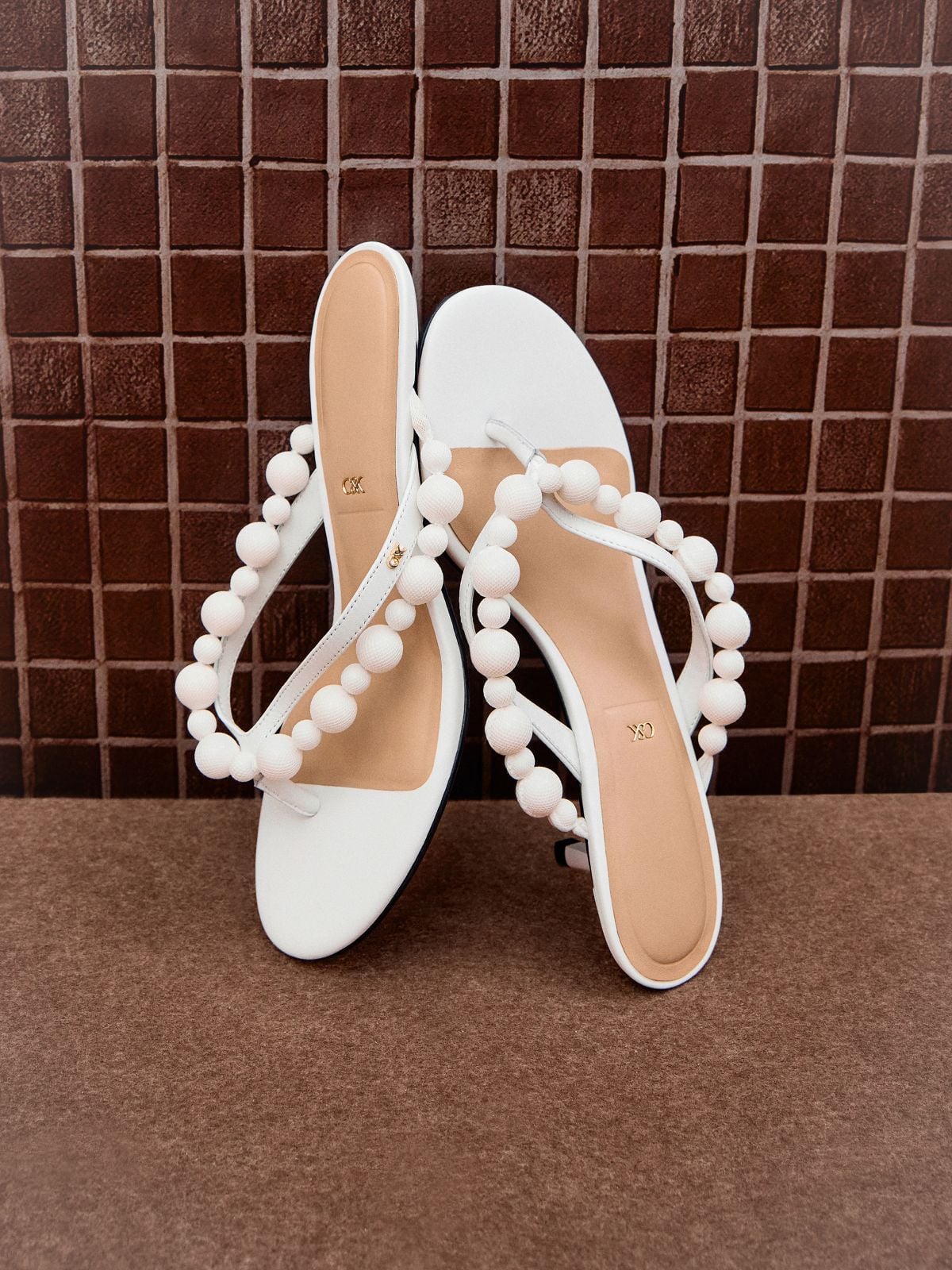 Chalk Leather Beaded Thong Kitten Heels -  CHARLES & KEITH