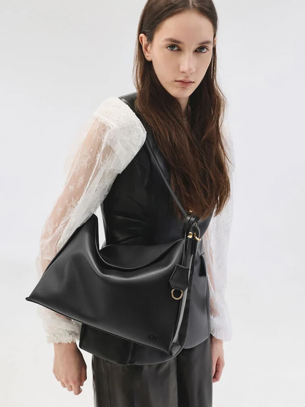 Black Large Leather Top-Flap Hobo Bag - CHARLES & KEITH