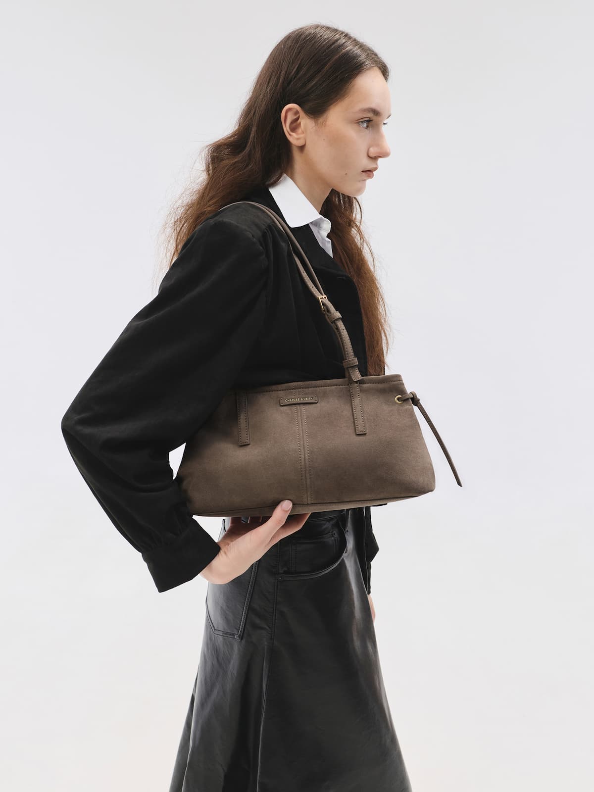 Stone Grey Noane Elongated-Handle Shoulder Bag - CHARLES & KEITH