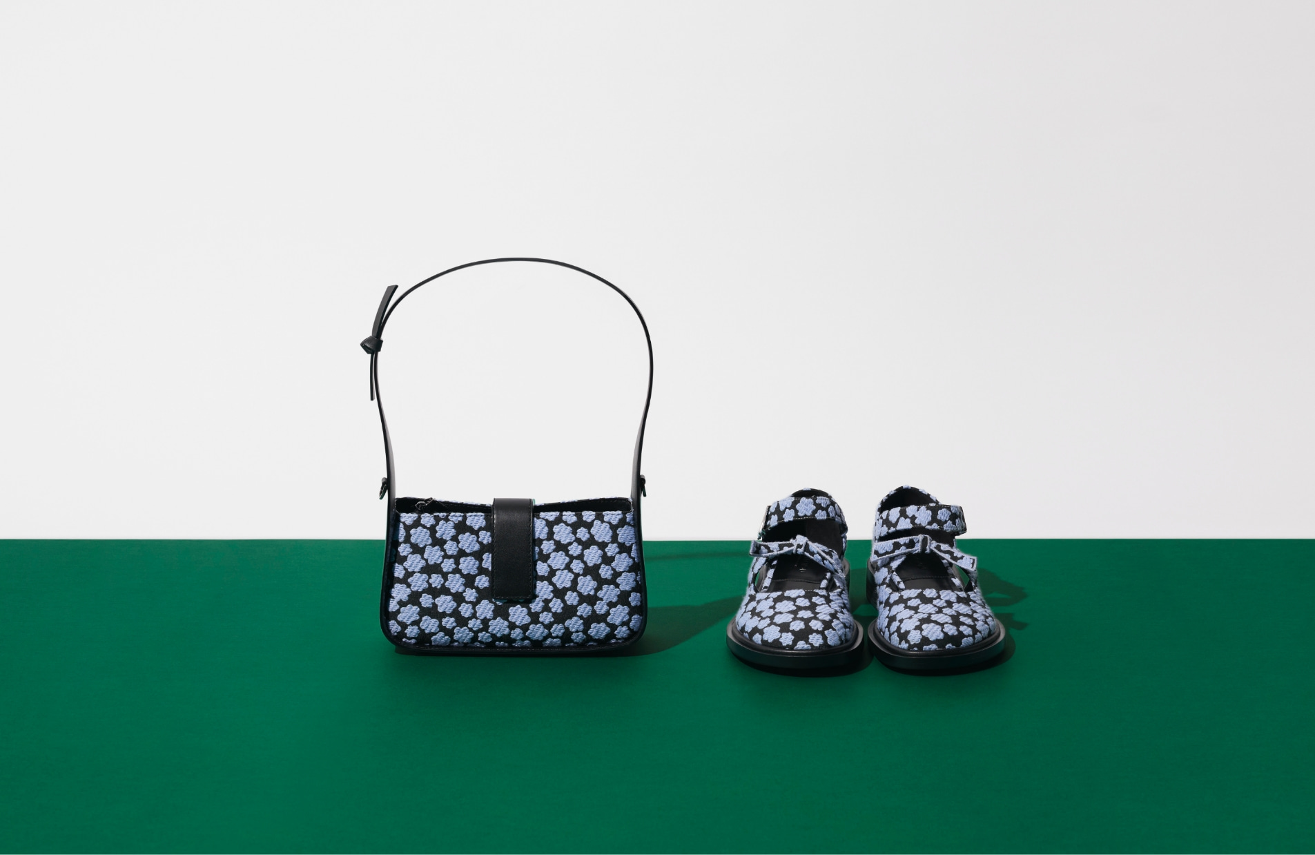 Women’s jacquard & leather printed chain-link bag and Rumi printed jacquard bow-tie Mary Jane flats - CHARLES & KEITH