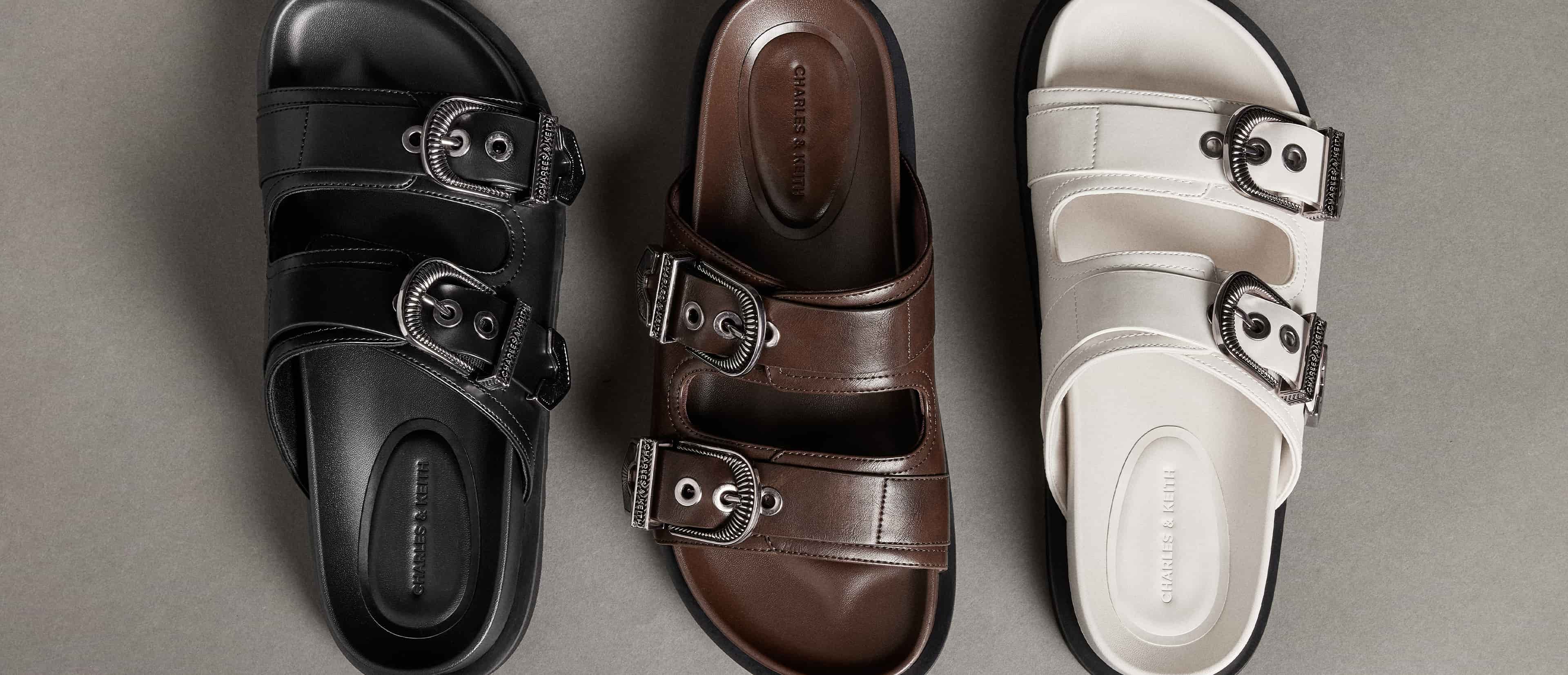 Women’s Kirke buckled double-strap sandals in black, Women’s Kirke buckled double-strap sandals in dark brown, Women’s Kirke buckled double-strap sandals in white - CHARLES & KEITH