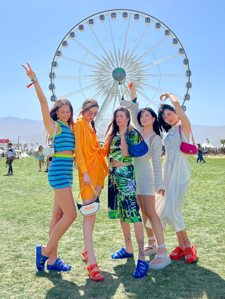 Clara Berry, Sarah Lysander, Jihoon Kim, Mara Lafontan, and TingTing Lai in CHARLES & KEITH at Coachella 2022