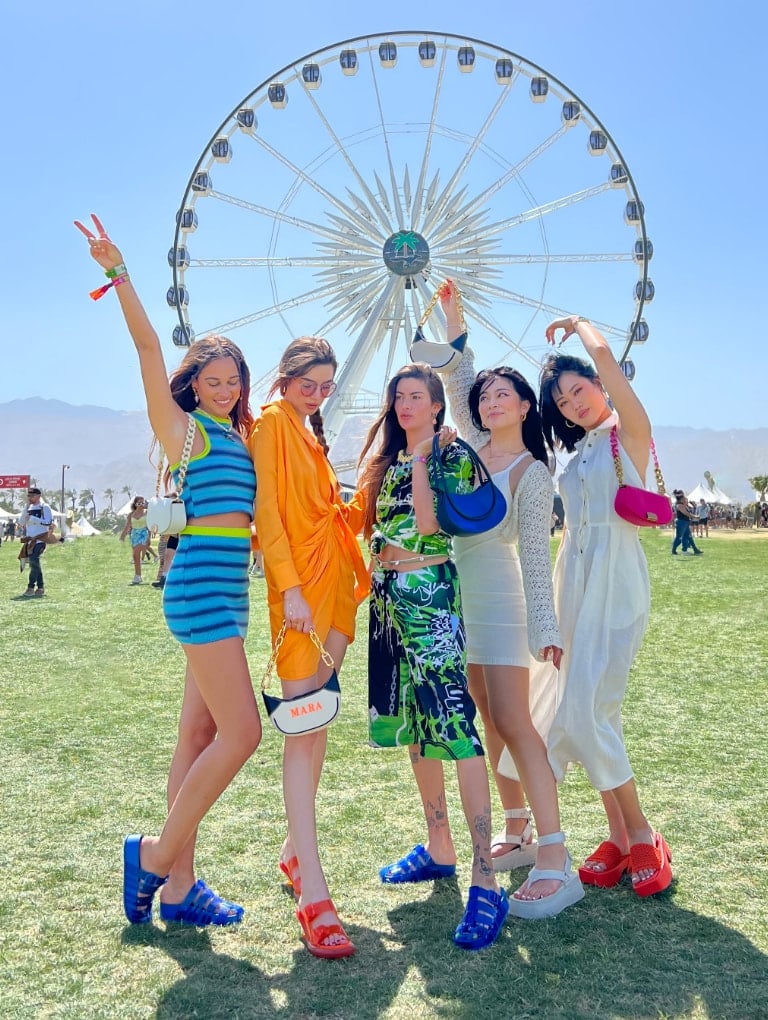 Clara Berry, Sarah Lysander, Jihoon Kim, Mara Lafontan, and TingTing Lai in CHARLES & KEITH at Coachella 2022