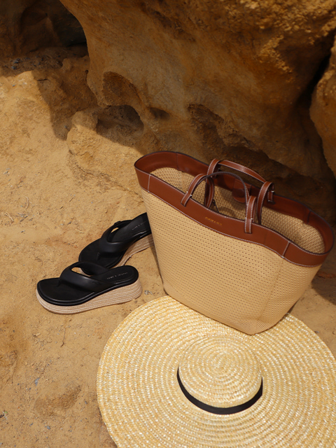 Women’s knitted sculptural tote bag and espadrile thong sandals, as seen on Melody Tan - CHARLES & KEITH