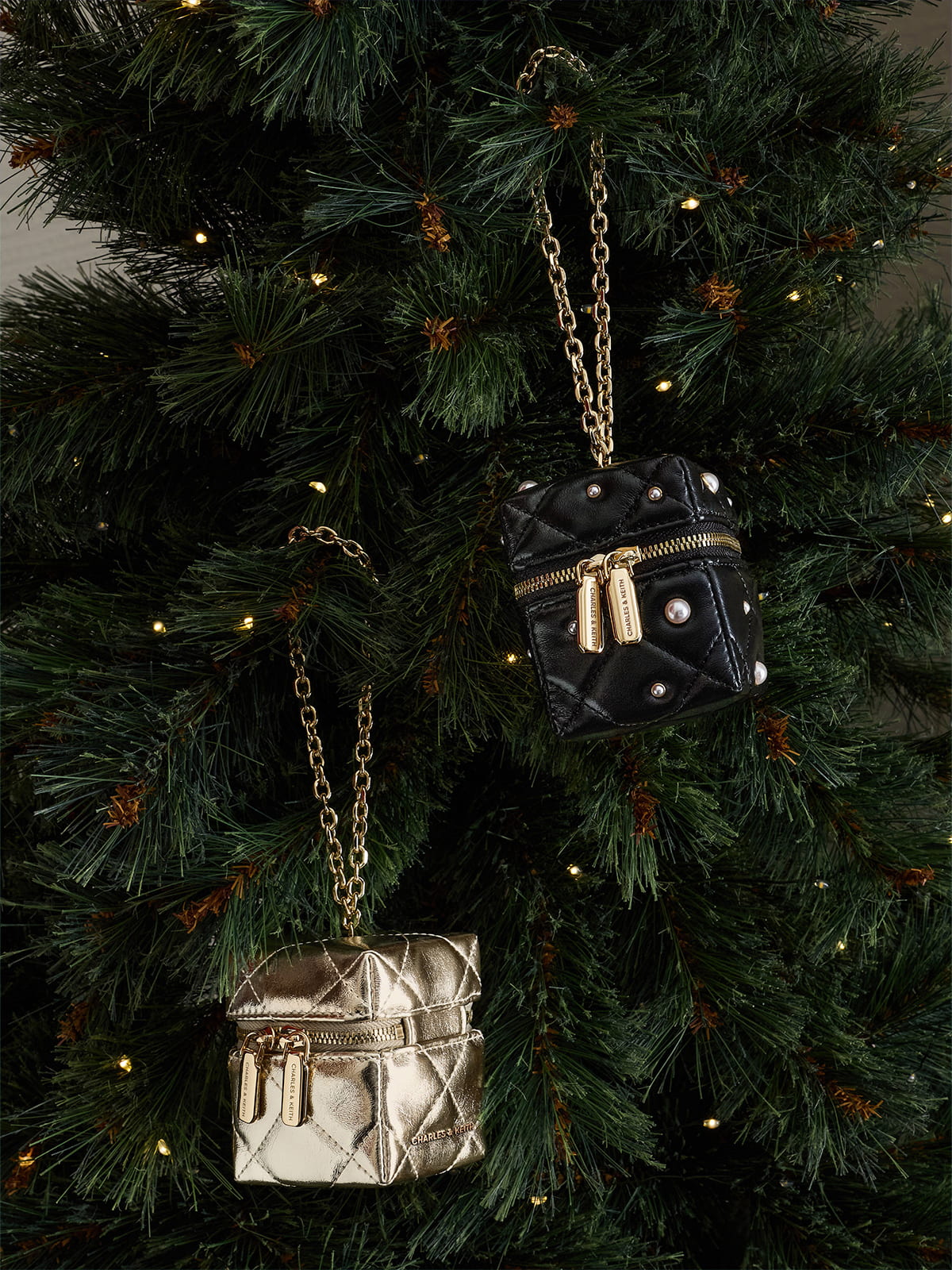 Champagne Janie Metallic Quilted Chain-Handle Micro Bag, Black Janie Quilted Pearl-Embellished Chain-Handle Micro Bag - CHARLES & KEITH