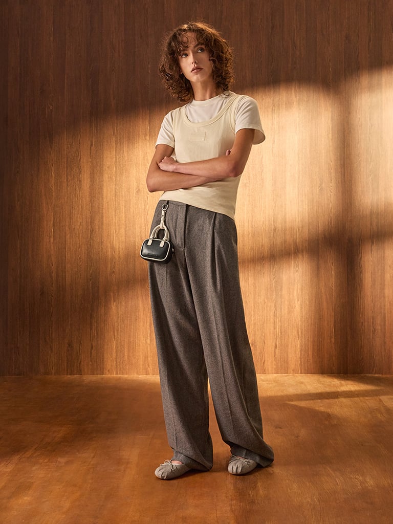 Winona Felt Bow Furry-Strap Mary Jane Flats in light grey and Sianna Two-Tone Bowling-Bag Charm in black and white - CHARLES & KEITH