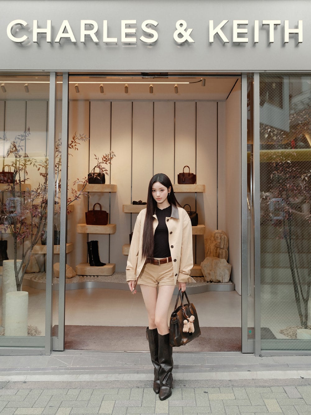 Large Ginevra Tote Bag in brown and Aether Tassel-Zip Knee-High Boots in brown - CHARLES & KEITH