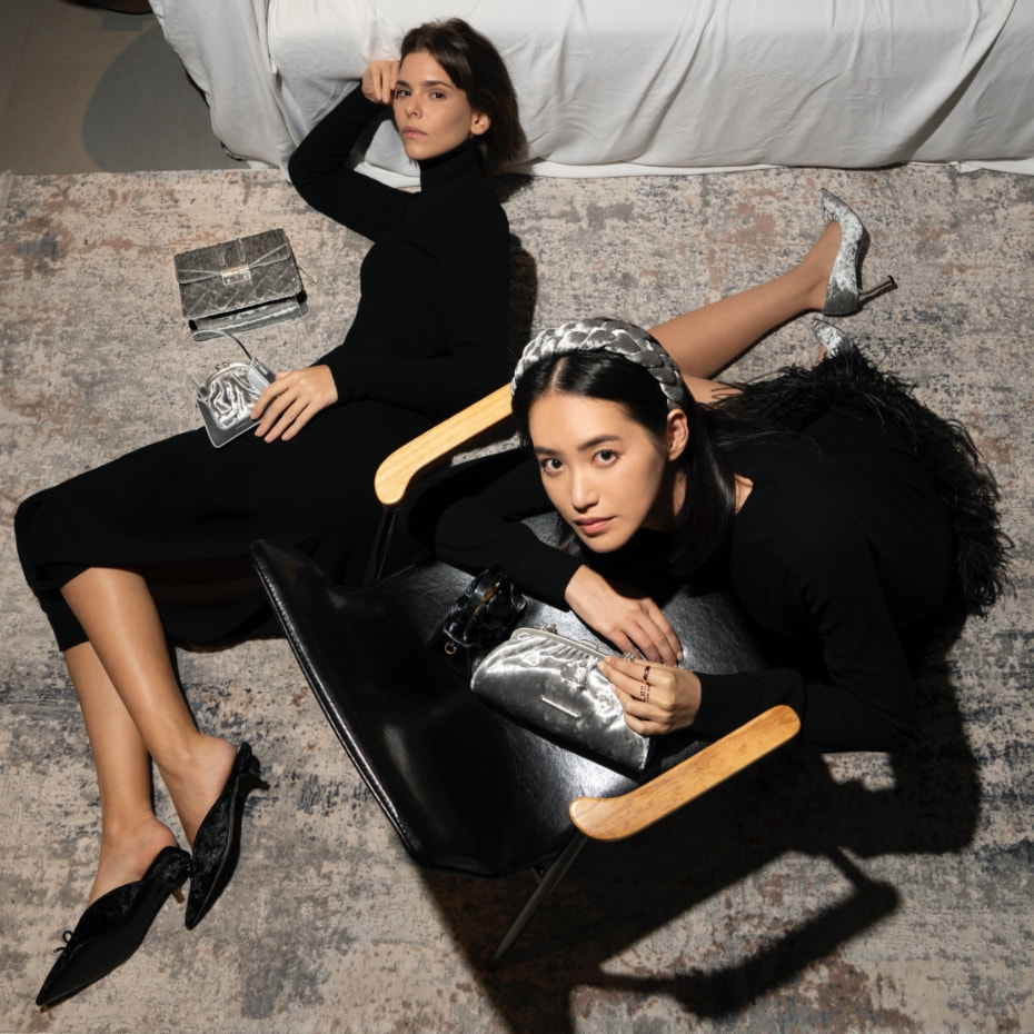 Women’s Azalea velvet bow-embellished mules, Elle velvet stiletto pumps, Edira velvet evening bag & lipstick case, and Claudette ruched top handle bag – CHARLES & KEITH