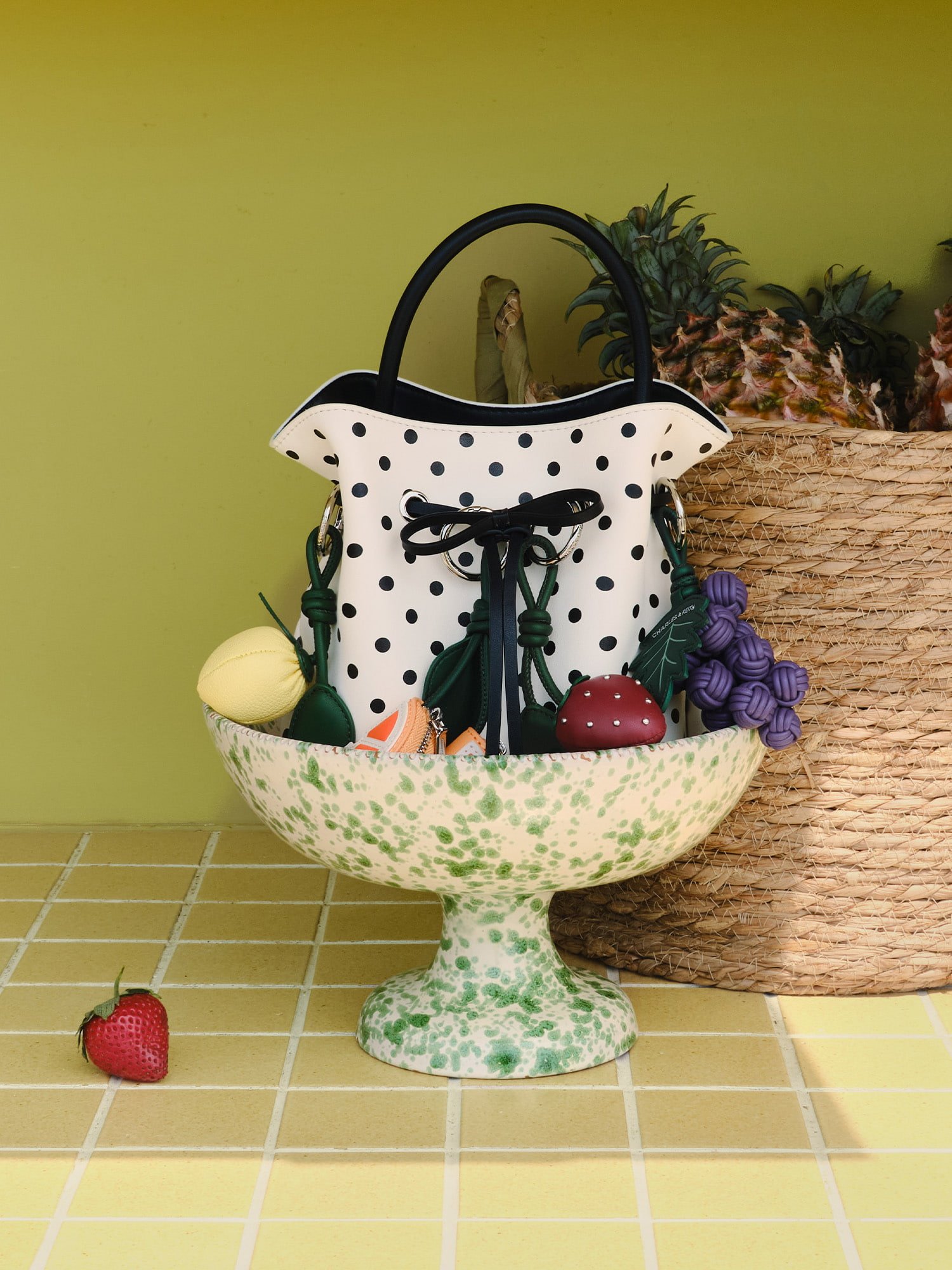 Cream Hazel Polka-Dot Bow Bucket Bag -  CHARLES & KEITH