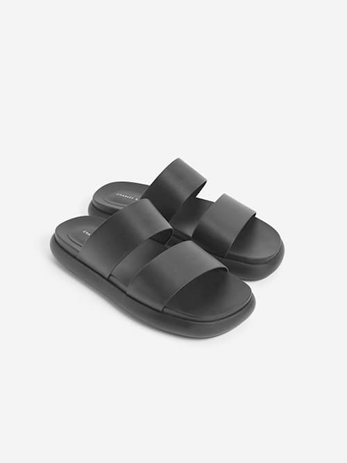 Wide Strap Slide Sandals, Black