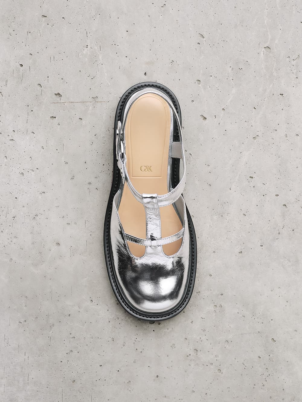 Women’s silver Metallic Leather Cut-Out T-Bar Mary Jane Flats - CHARLES & KEITH