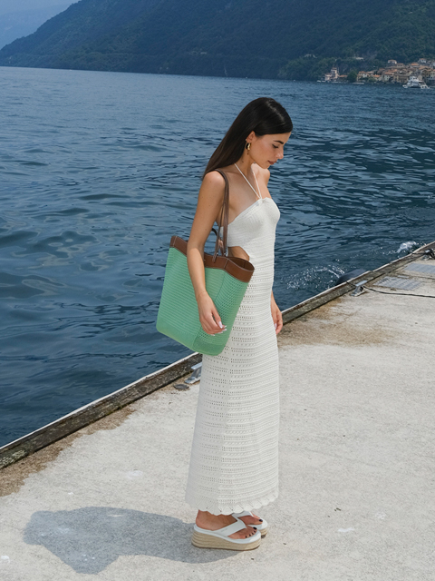 Women’s knitted sculptural tote bag and espadrile thong sandals, as seen on Valentina Marzullo - CHARLES & KEITH