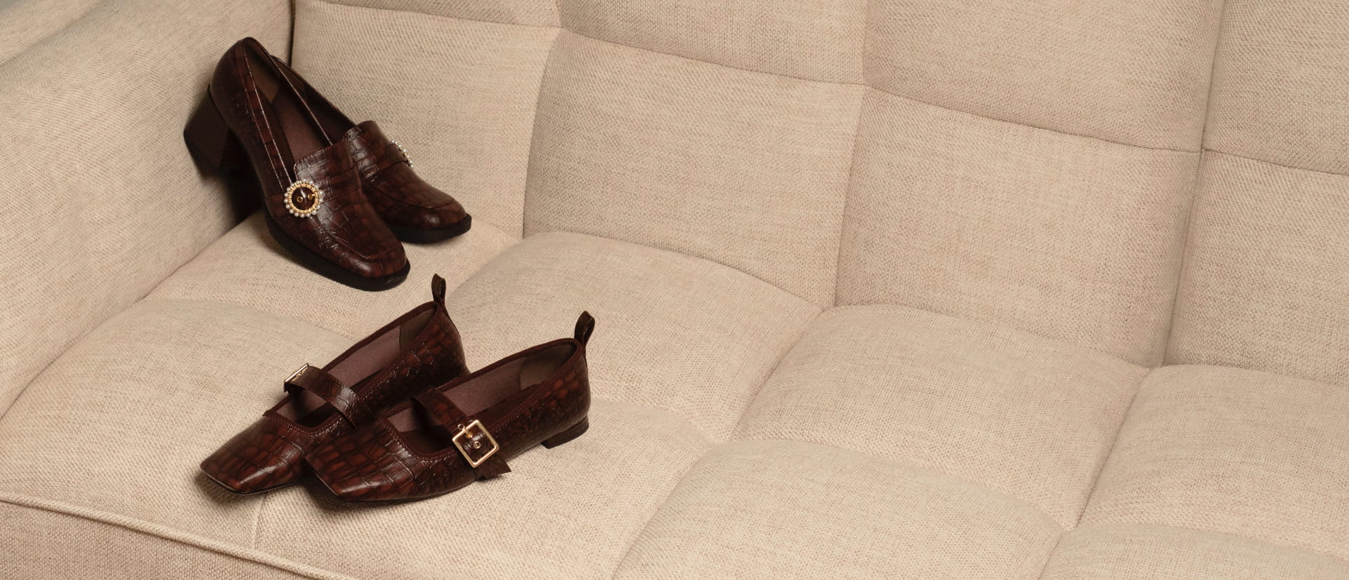 Women’s beaded accent croc-effect loafer pumps and croc-effect square toe mary jane flats - CHARLES & KEITH