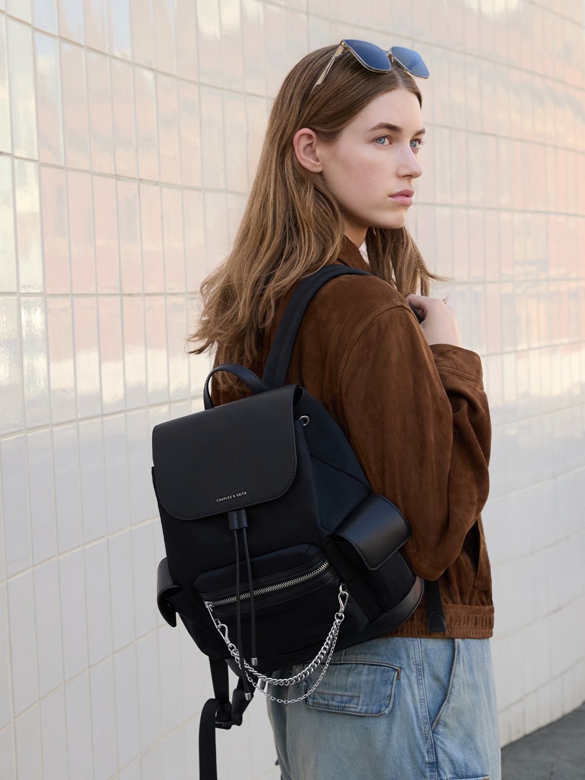 Noir Nylon Puffy Chain-Link Backpack -  CHARLES & KEITH