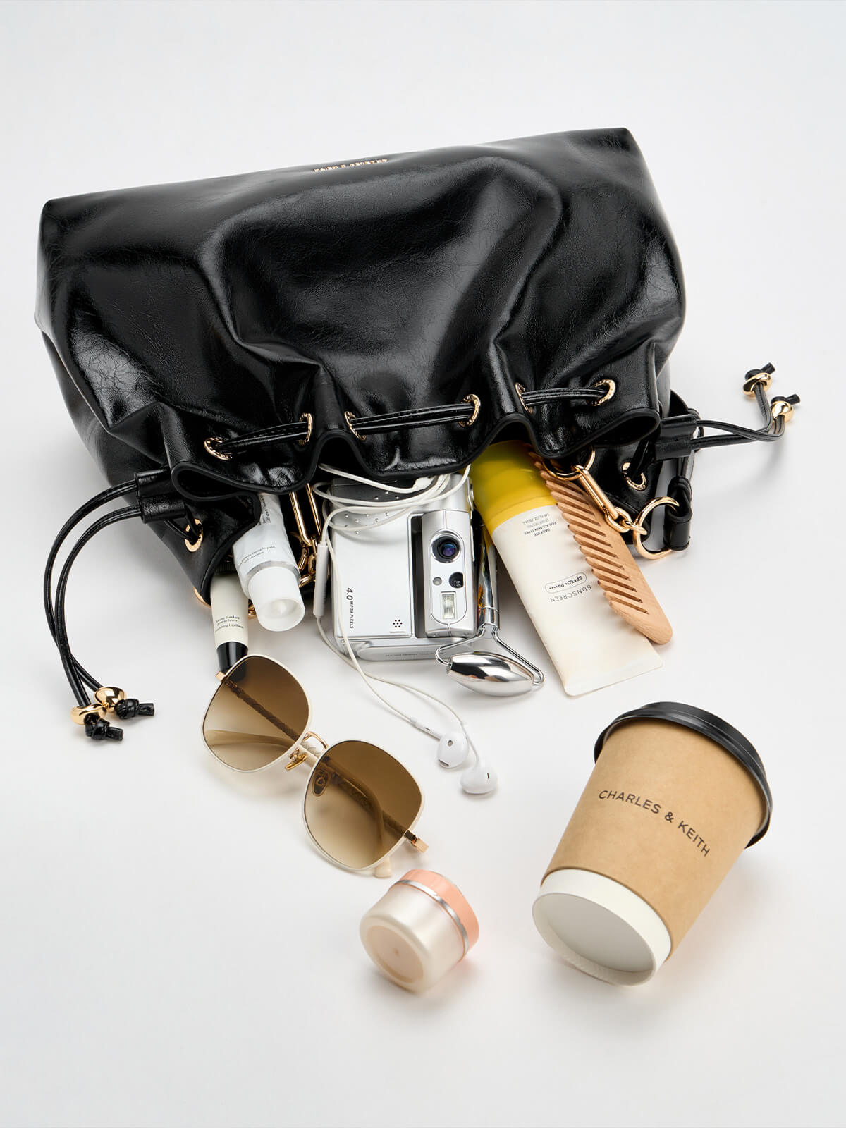 Black Moxie Drawstring Bucket Bag - CHARLES & KEITH