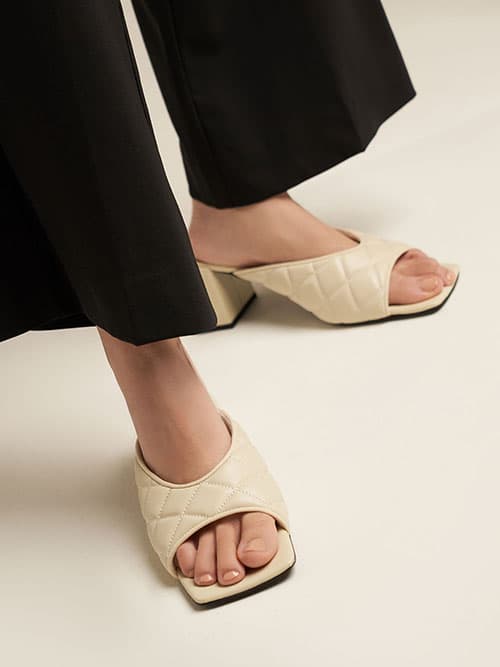 Quilted Square Toe Mules, Chalk