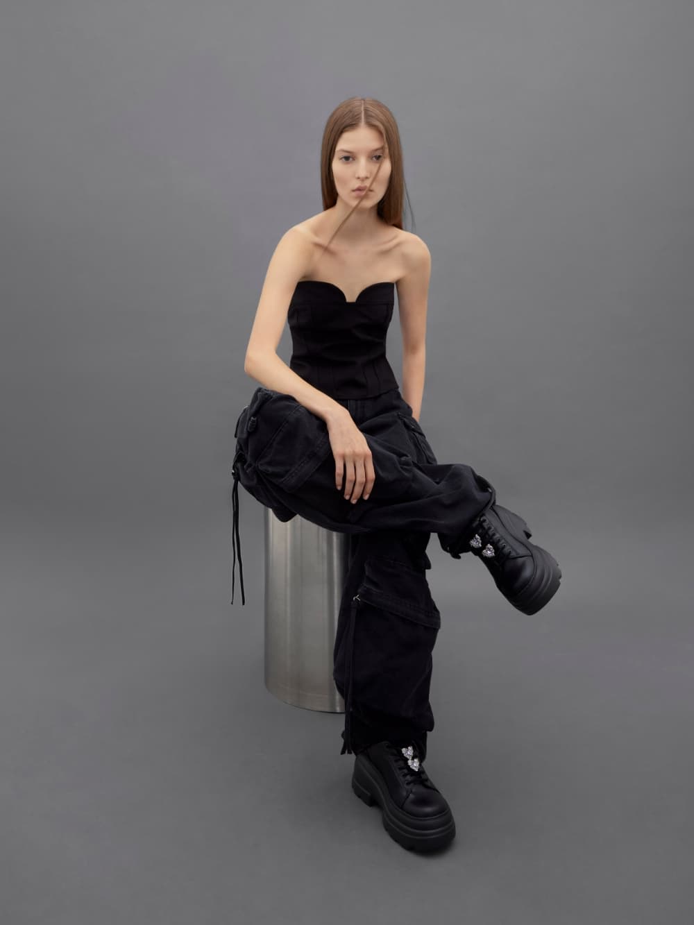Women’s black crystal heart-motif lace-up oxfords - CHARLES & KEITH