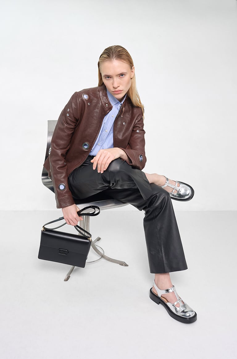 Women's Leather Metallic Cut-Out T-Bar Sandals in silver and Leather Shoulder Bag in black - CHARLES & KEITH