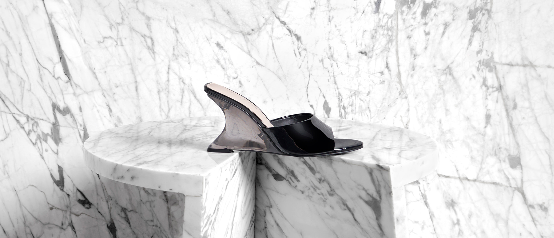 Women’s Patent Sculptural Heel Wedges in black - CHARLES & KEITH
