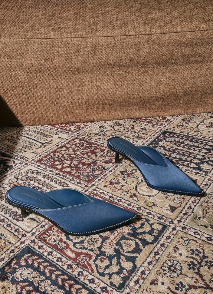 Women’s satin embellished pointed-toe mules in blue – CHARLES & KEITH